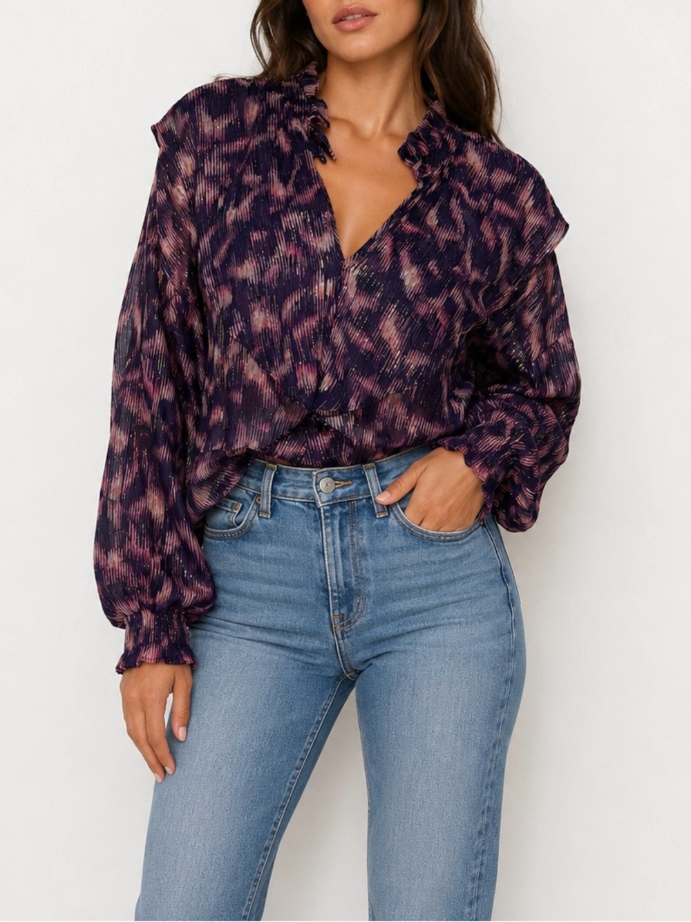 NWOT IRO pink & lavender abstract print vneck blouse with ruffle collar | 38